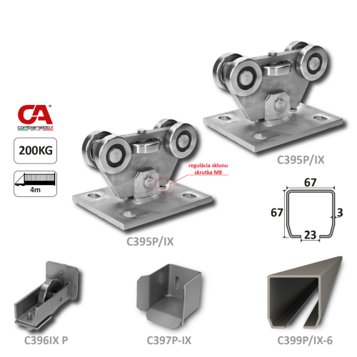 PICCOLO INOX (67x67 mm) nerezový samonosný systém pro posuvné brány do 200 kg/ otvor: 4 m (C399P-IX 1x6 m nerezový profil, C395P-IX 2 ks, C397P-IX 1 ks, C396P-IX 1 ks), nerez AISI304 bez povrch. úpravy